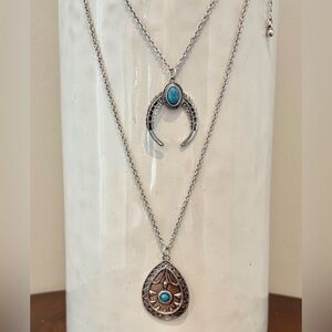 LuGaeta Double Layer, silvertone waterdrop carved,turquoise stone,crescent moon